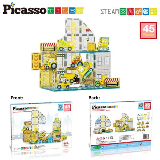 PicassoTiles - Magnet Tile Set with 8 Construction Vehicles