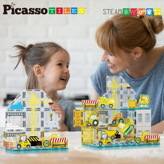 PicassoTiles - Magnet Tile Set with 8 Construction Vehicles