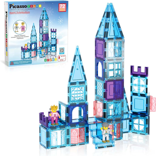 PicassoTiles 72 Piece Magnetic Building Tiles Castle Winter Ice