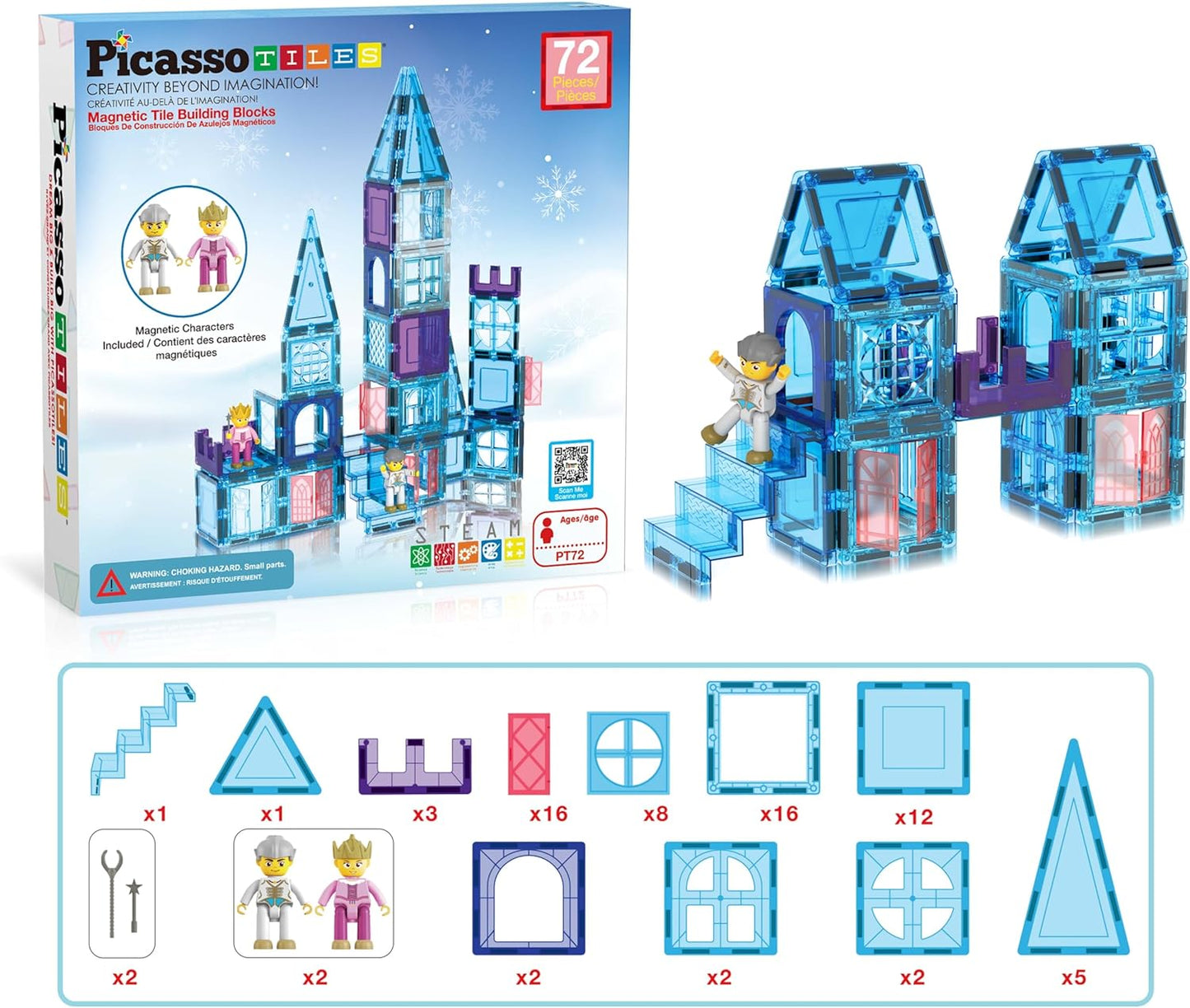 PicassoTiles 72 Piece Magnetic Building Tiles Castle Winter Ice