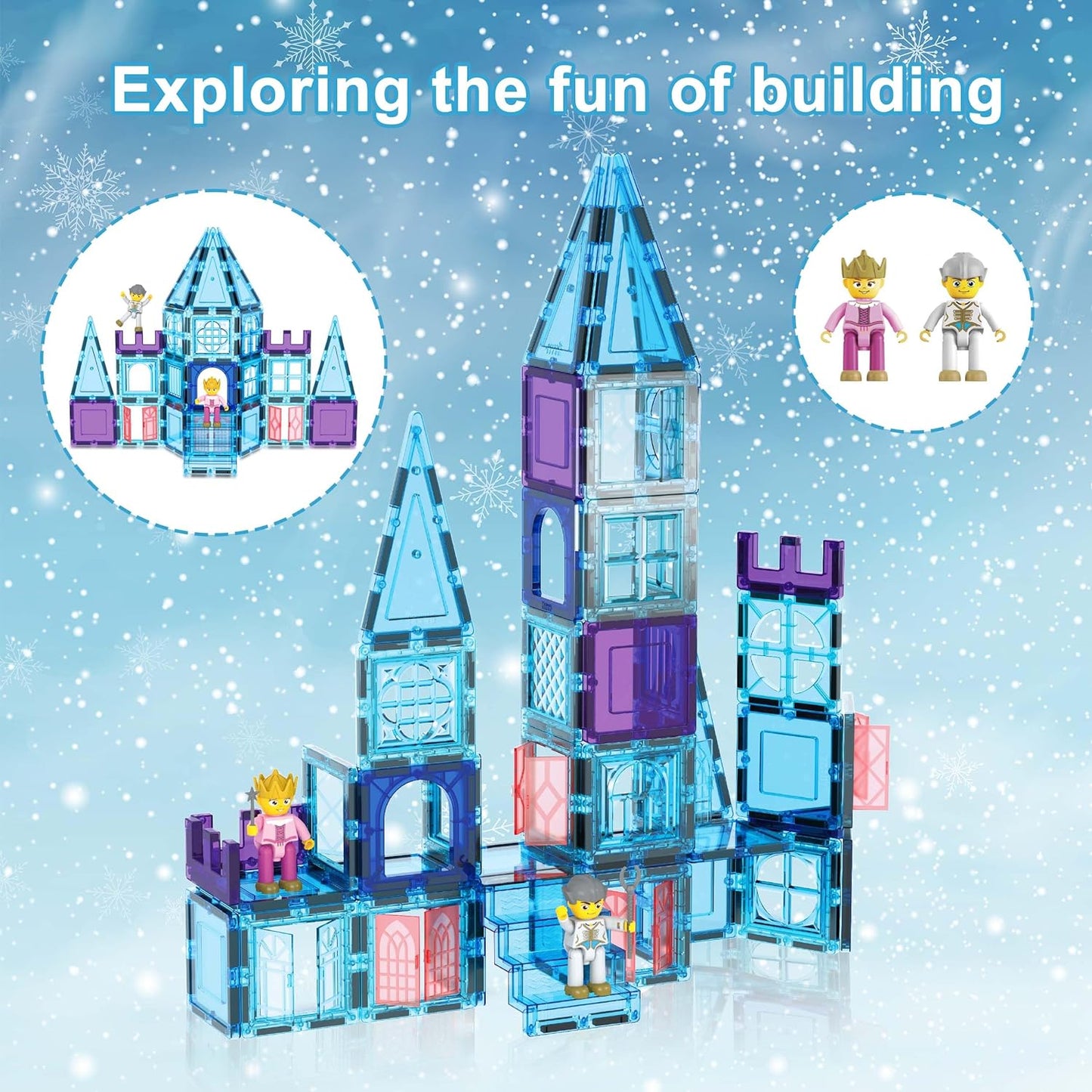 PicassoTiles 72 Piece Magnetic Building Tiles Castle Winter Ice