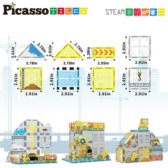 PicassoTiles - Magnet Tile Set with 8 Construction Vehicles