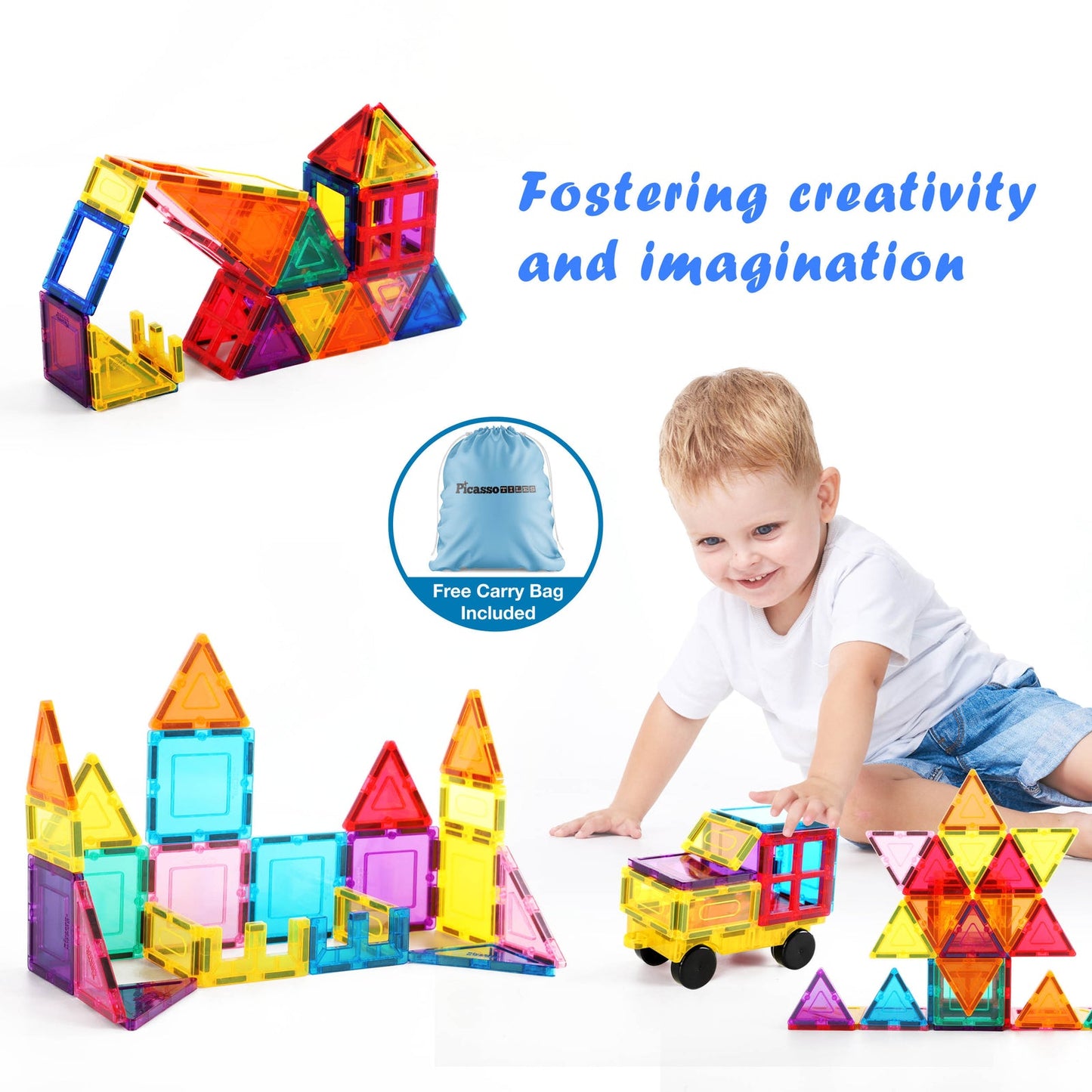 PicassoTiles Magnetic Tile Blocks with Car Base & Storage Bag - 61 Pieces