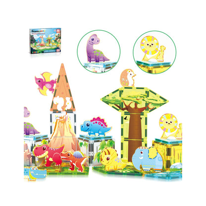 PicassoTiles Magnetic Tiles Safari and Dinosaur Set with 16 Action Figures