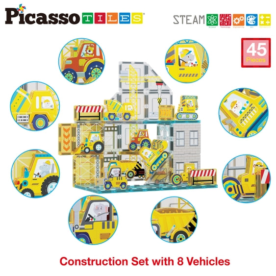 PicassoTiles - Magnet Tile Set with 8 Construction Vehicles